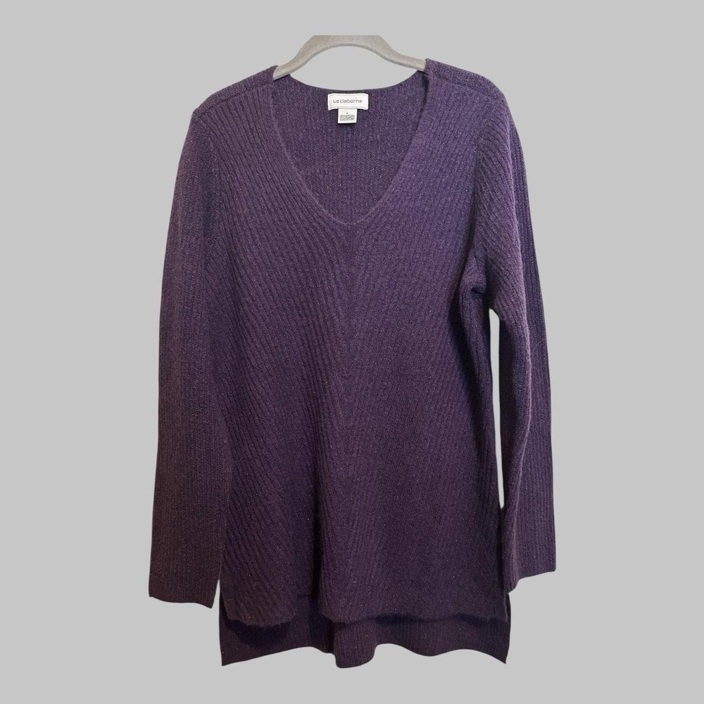 Liz Claiborne Purple Plum Sparkle Metallic Ribbed Long Sleeve Sweater Cozy Top L